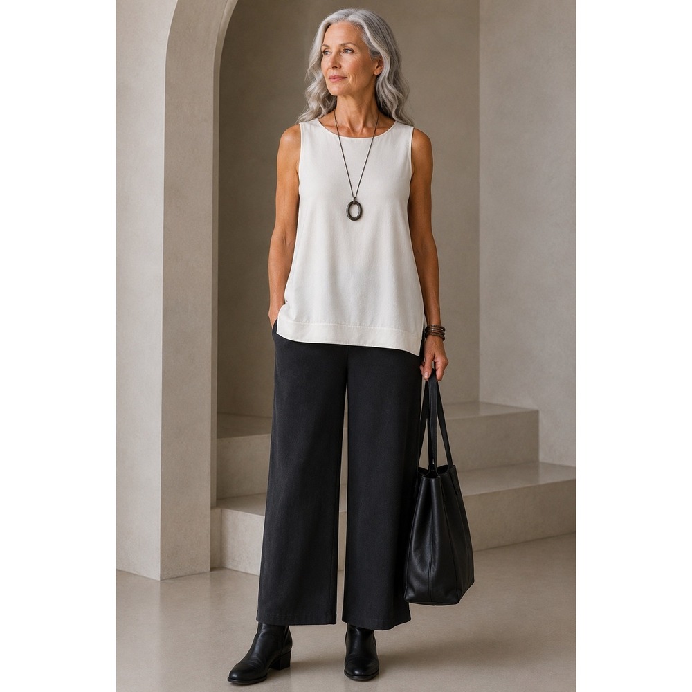 EILEEN FISHER Silk Crepe Tunic Tank M Lagenlook Quiet Luxury Minimalist Oyster